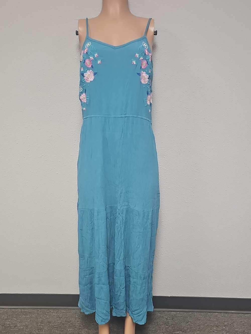Teal Embroidered Spaghetti-Strap Maxi Dress